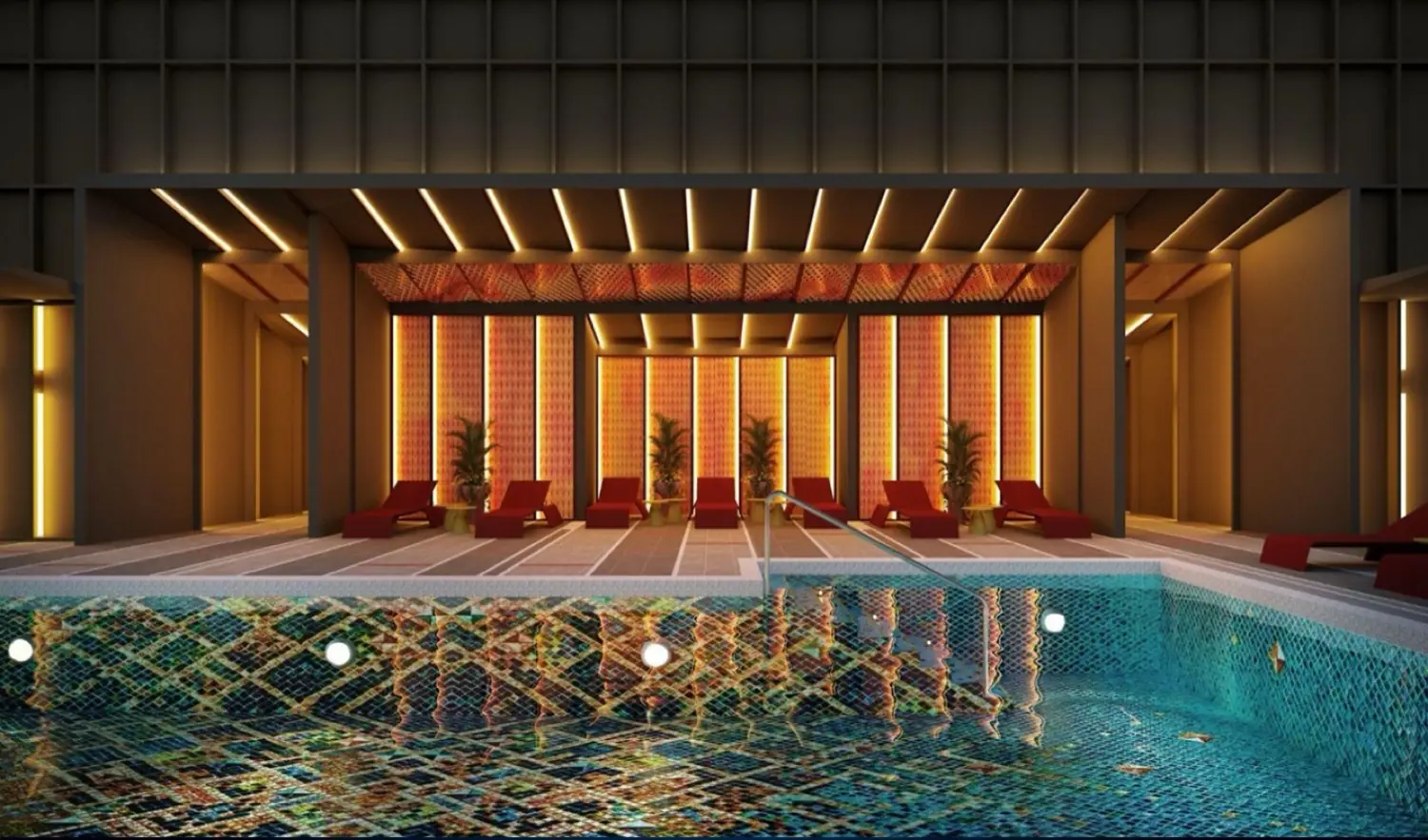 Heated leisure pool with mosaic tiling and cabana loungers