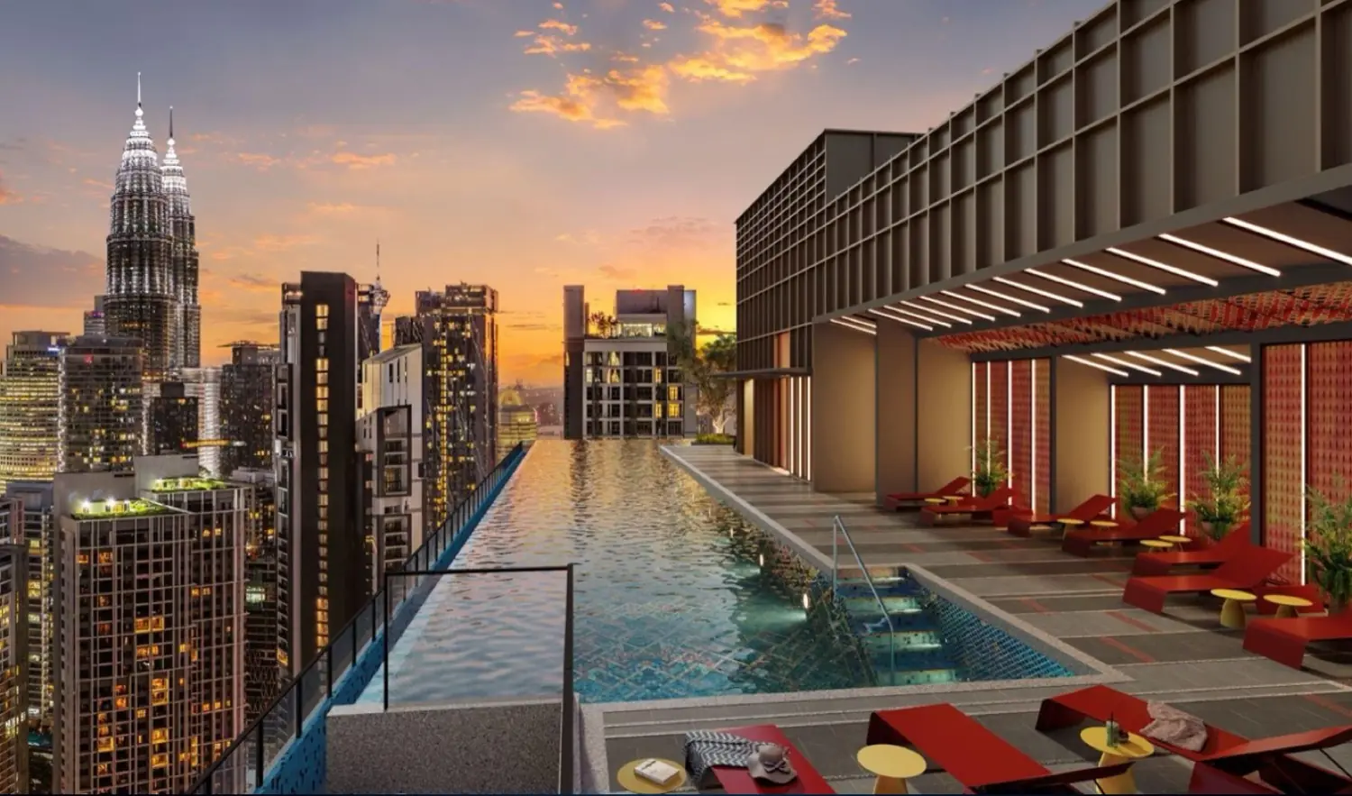 Infinity sky pool overlooking the KLCC skyline at sunset