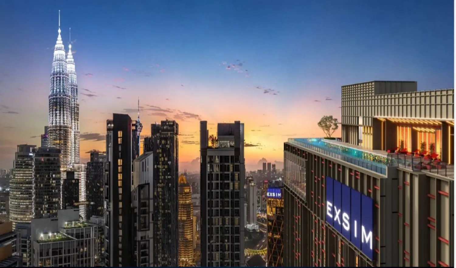 Rooftop sky deck and lounge at dusk