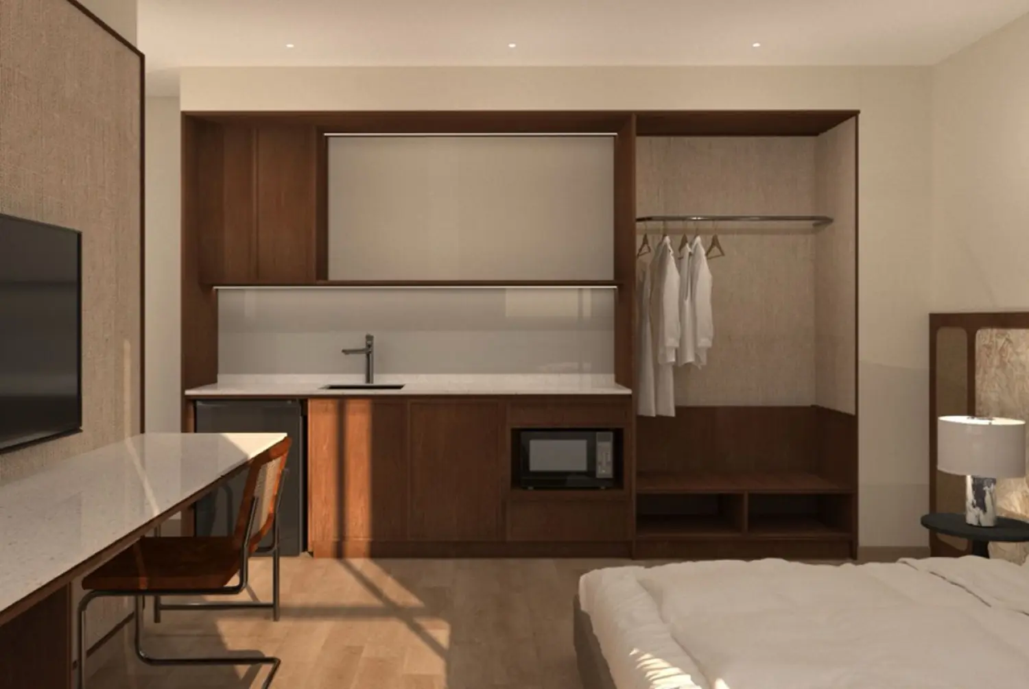 Dual-key kitchenette and wardrobe wall