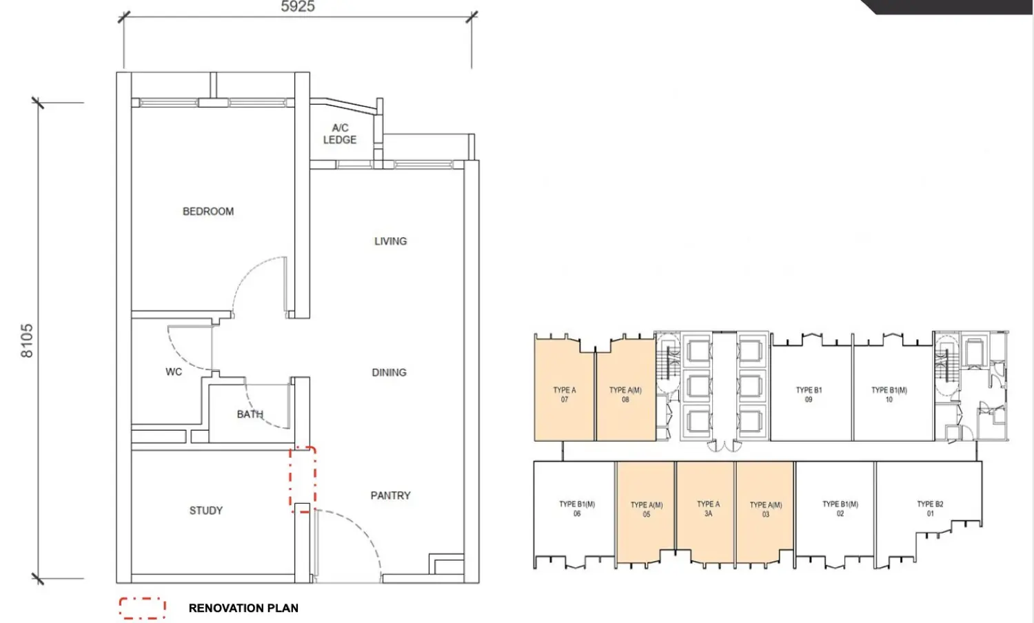 Type A / A(M) 484 sq.ft. 1-Room 1-Bath + Study floor plan