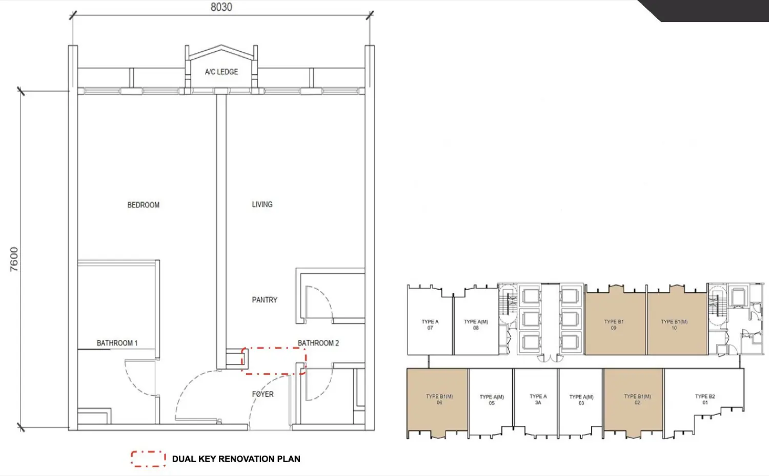 Type B1 / B1(M) 657 sq.ft. 1-Room 2-Bath dual-key floor plan