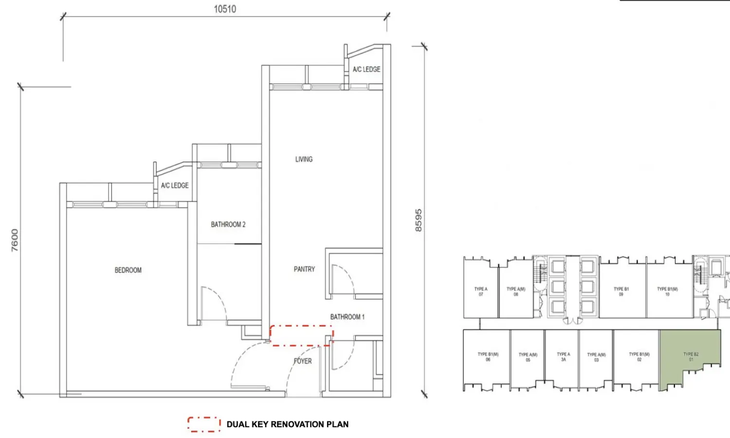 Type B2 678 sq.ft. 1-Room 2-Bath dual-key floor plan